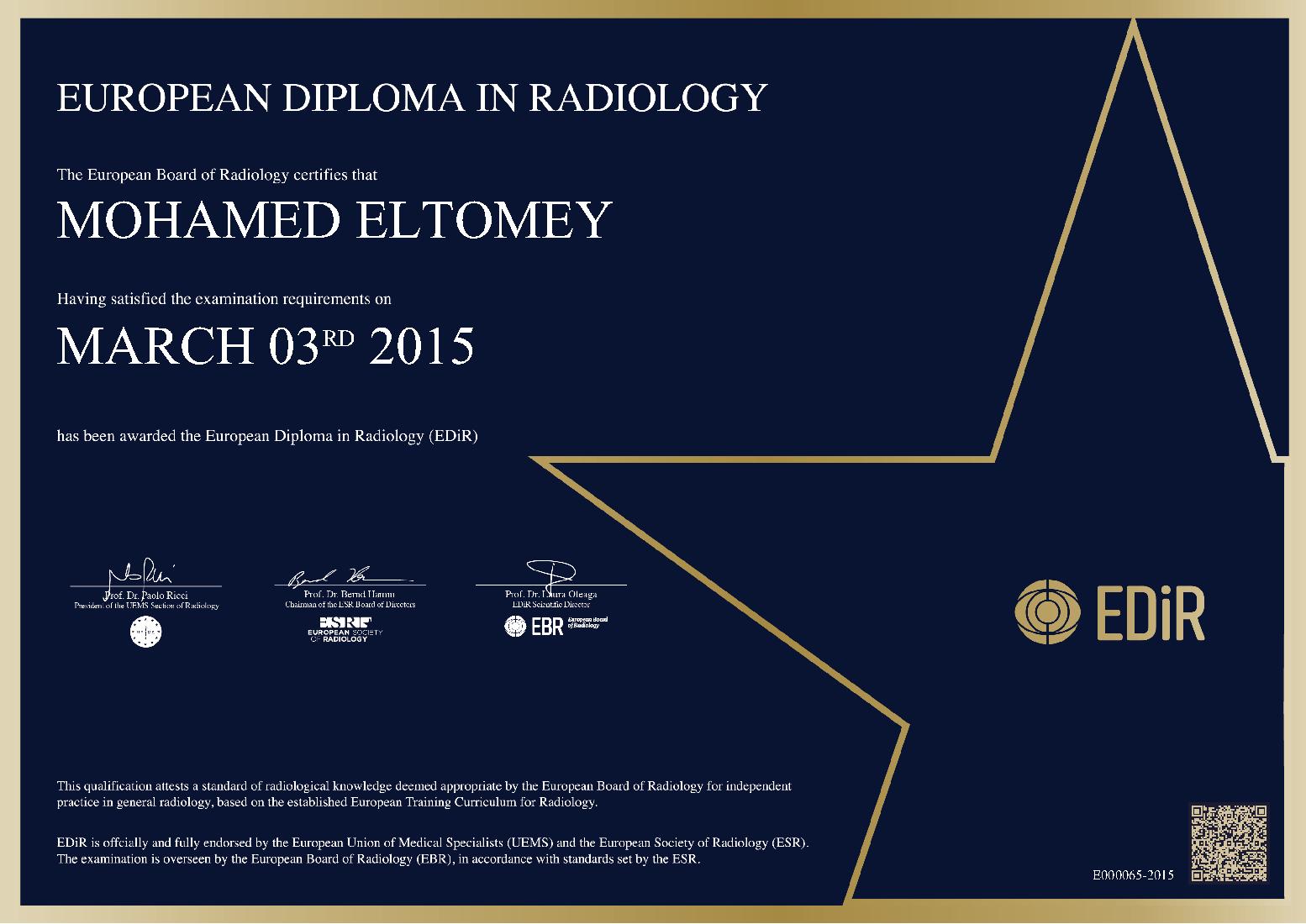 European Diploma in Radiology at ECR on March 3, 2015 - Mohamed Eltomey
