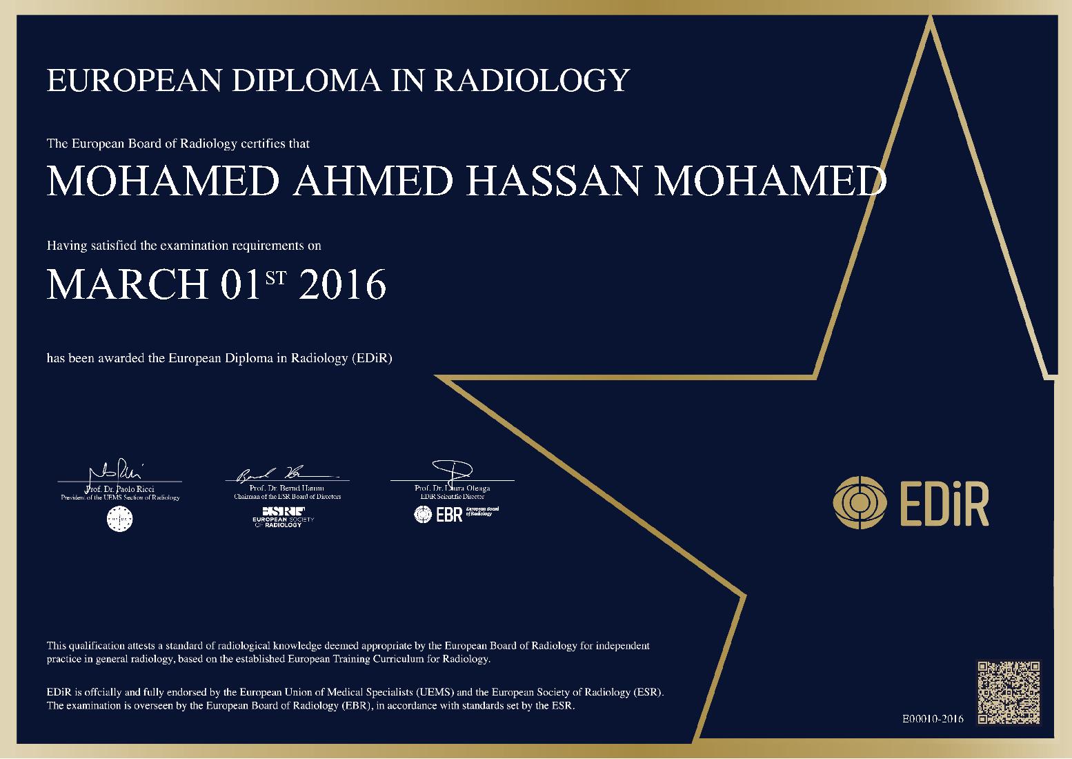 European Diploma in Radiology at ECR on March 1, 2016 - Mohamed AHMED HASSAN MOHAMED