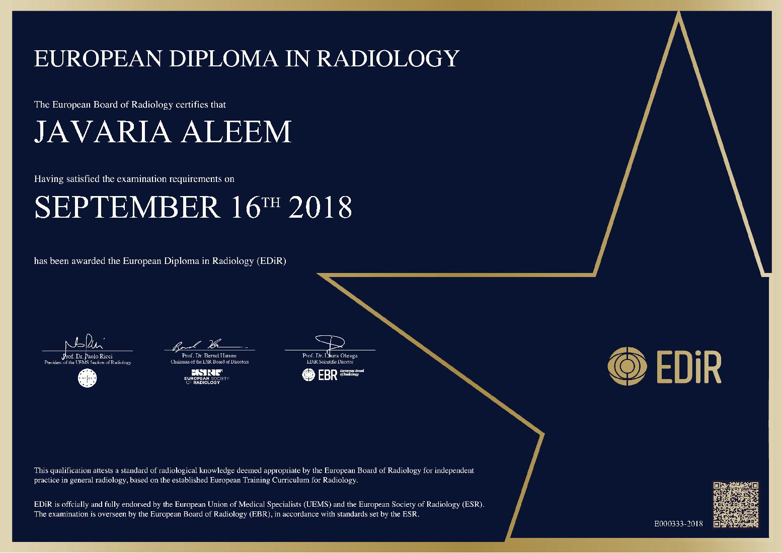 European Diploma in Radiology in Islamabad on September 16, 2018 - Javaria Aleem