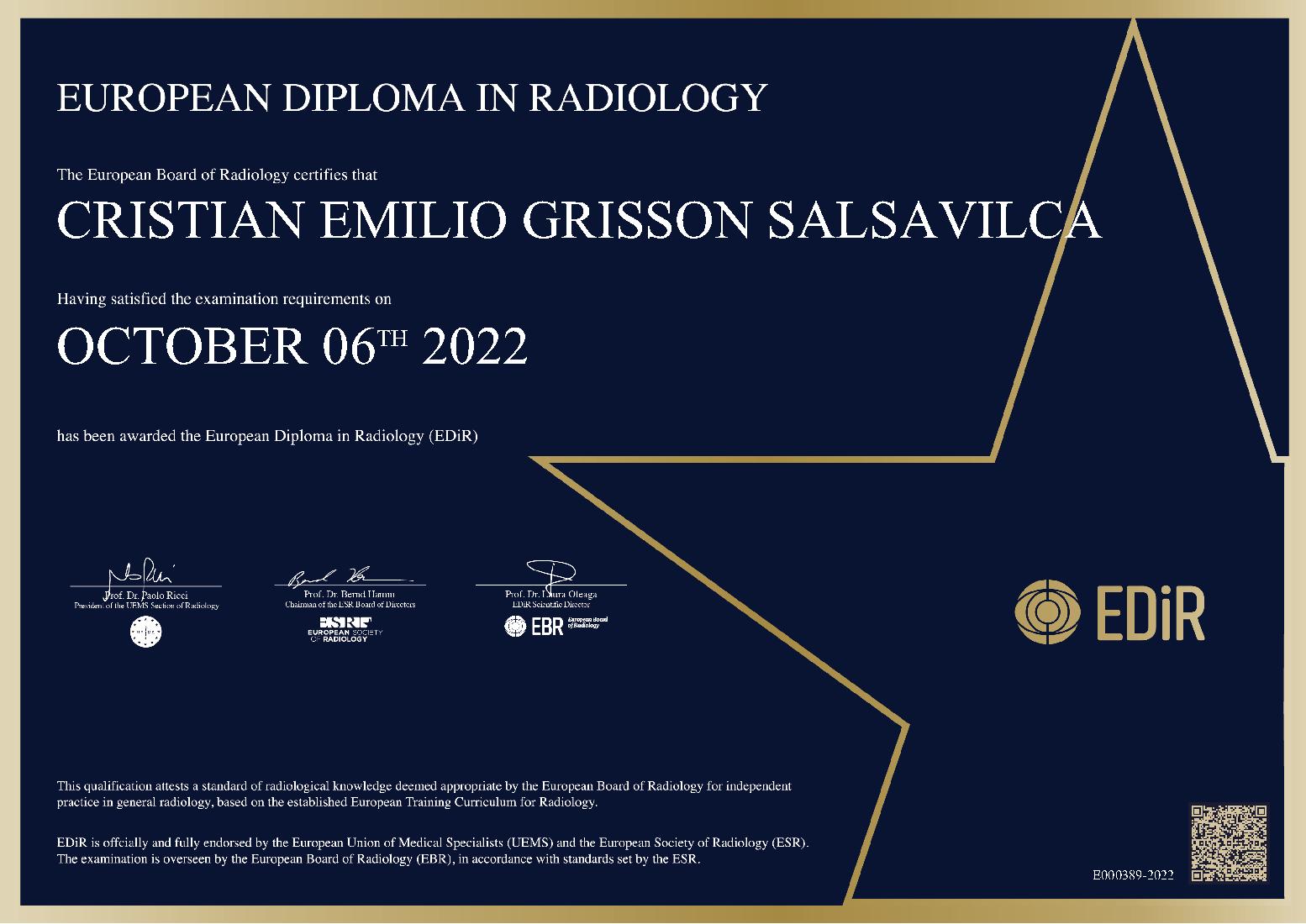 European Diploma in Argentina on October 6, 2022 - CRISTIAN EMILIO GRISSON SALSAVILCA