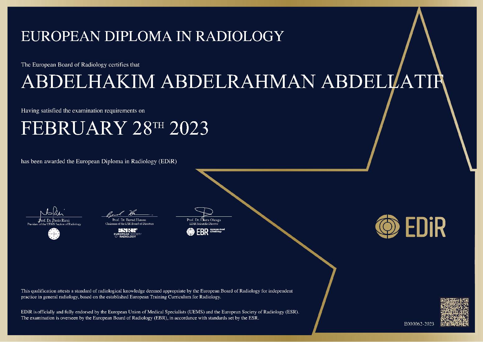 European Diploma in Radiology at ECR on February 28, 2023 - ABDELHAKIM ABDELRAHMAN ABDELLATIF