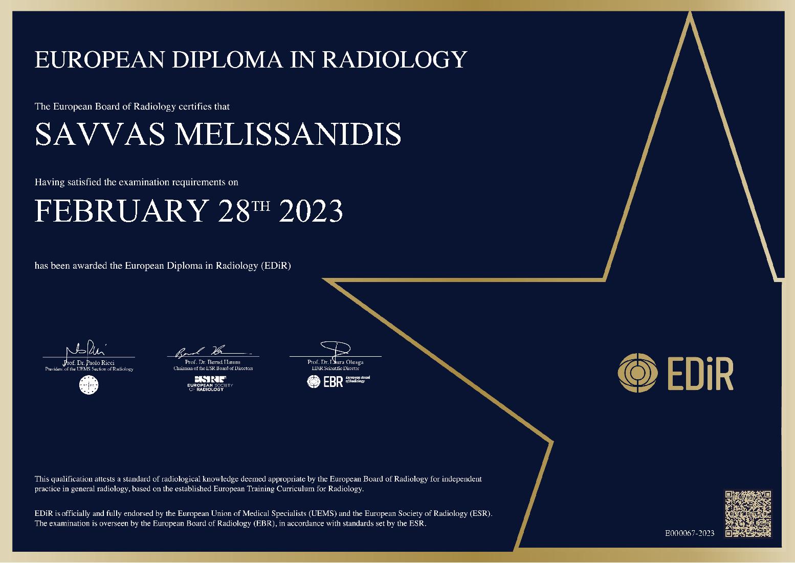 European Diploma in Radiology at ECR on February 28, 2023 - SAVVAS MELISSANIDIS