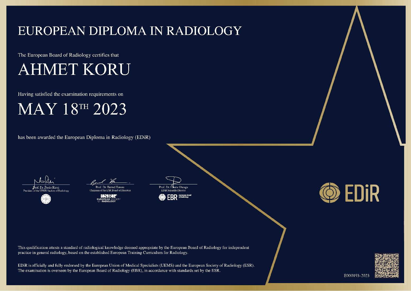 European Diploma in Radiology in Ankara on May 18, 2023 - AHMET KORU