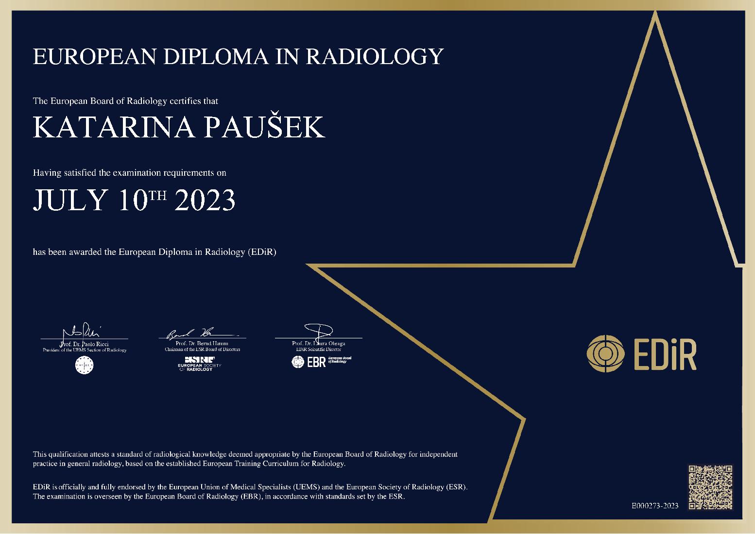 European Diploma in Radiology in Barcelona on July 10, 2023 - KATARINA PAUŠEK