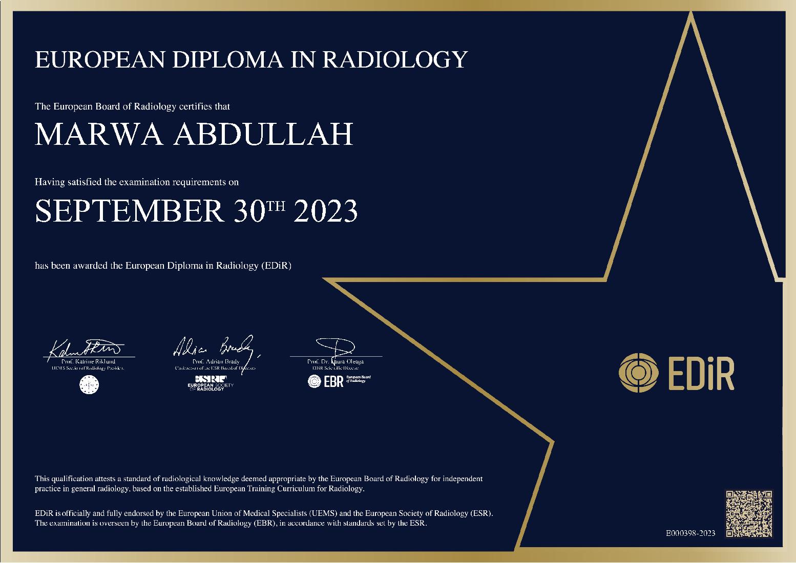 European Diploma in Radiology in Dubai on September 30, 2023 - MARWA ABDULLAH