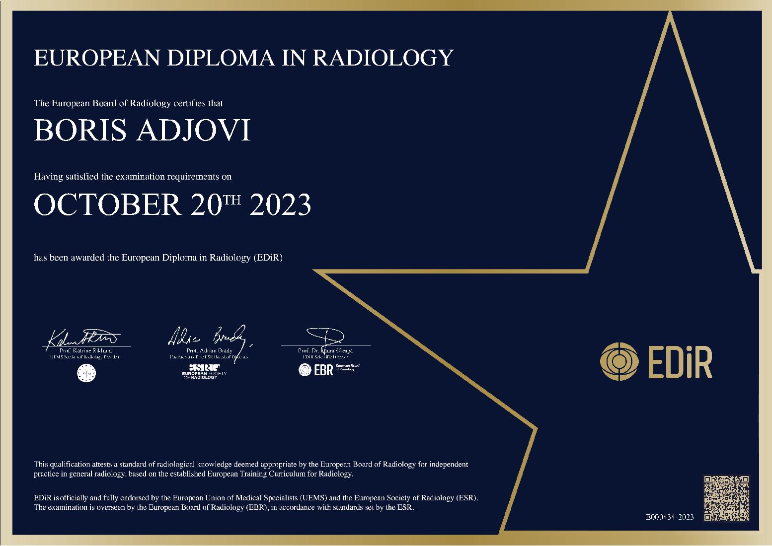 European Diploma in Radiology in Paris on October 20, 2023 - Boris Adjovi