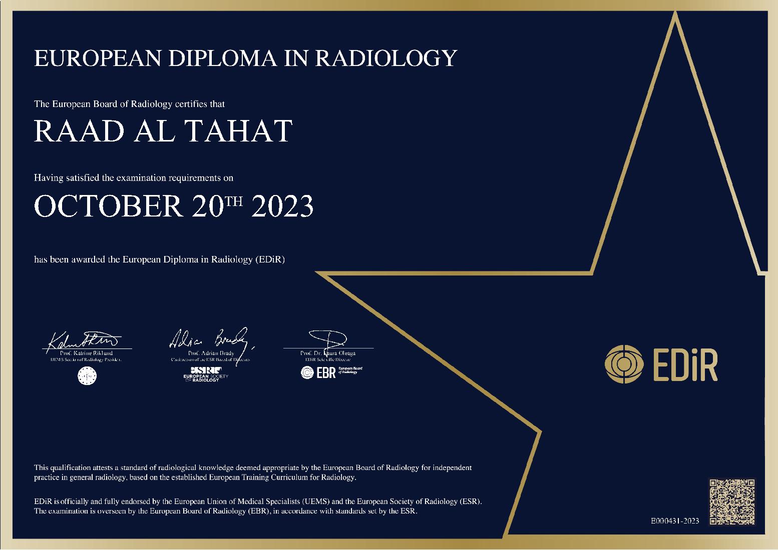 European Diploma in Radiology in Cairo on October 20, 2023 - Raad Al Tahat