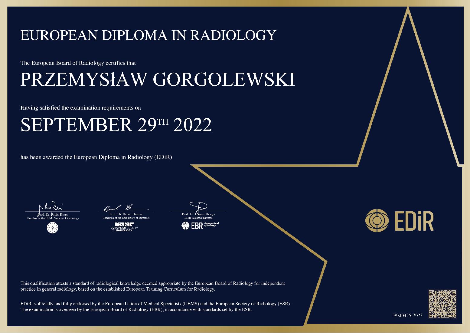 European Diploma in Warsaw on September 29, 2022 - Przemysław Gorgolewski 