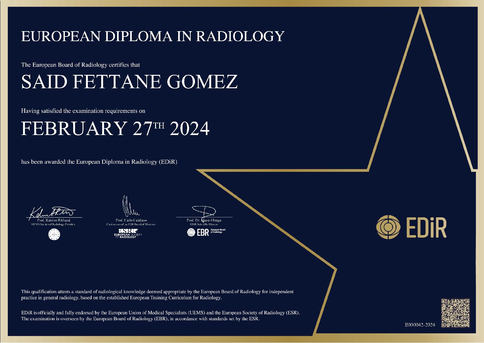 European Diploma in Radiology at ECR on February 27, 2024 - SAID FETTANE GOMEZ