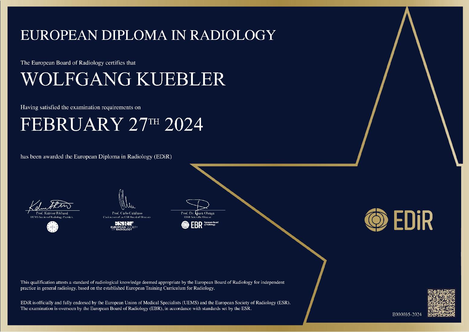 European Diploma in Radiology at ECR on February 27, 2024 - WOLFGANG KUEBLER