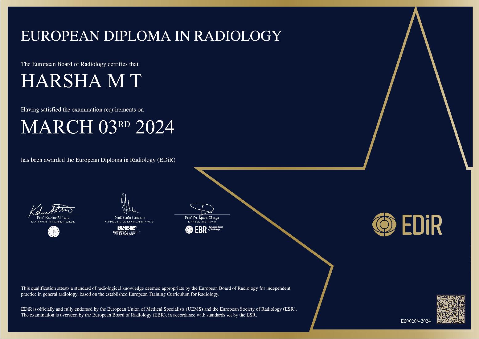 European Diploma in Radiology in India on March 3, 2024 - HARSHA M T