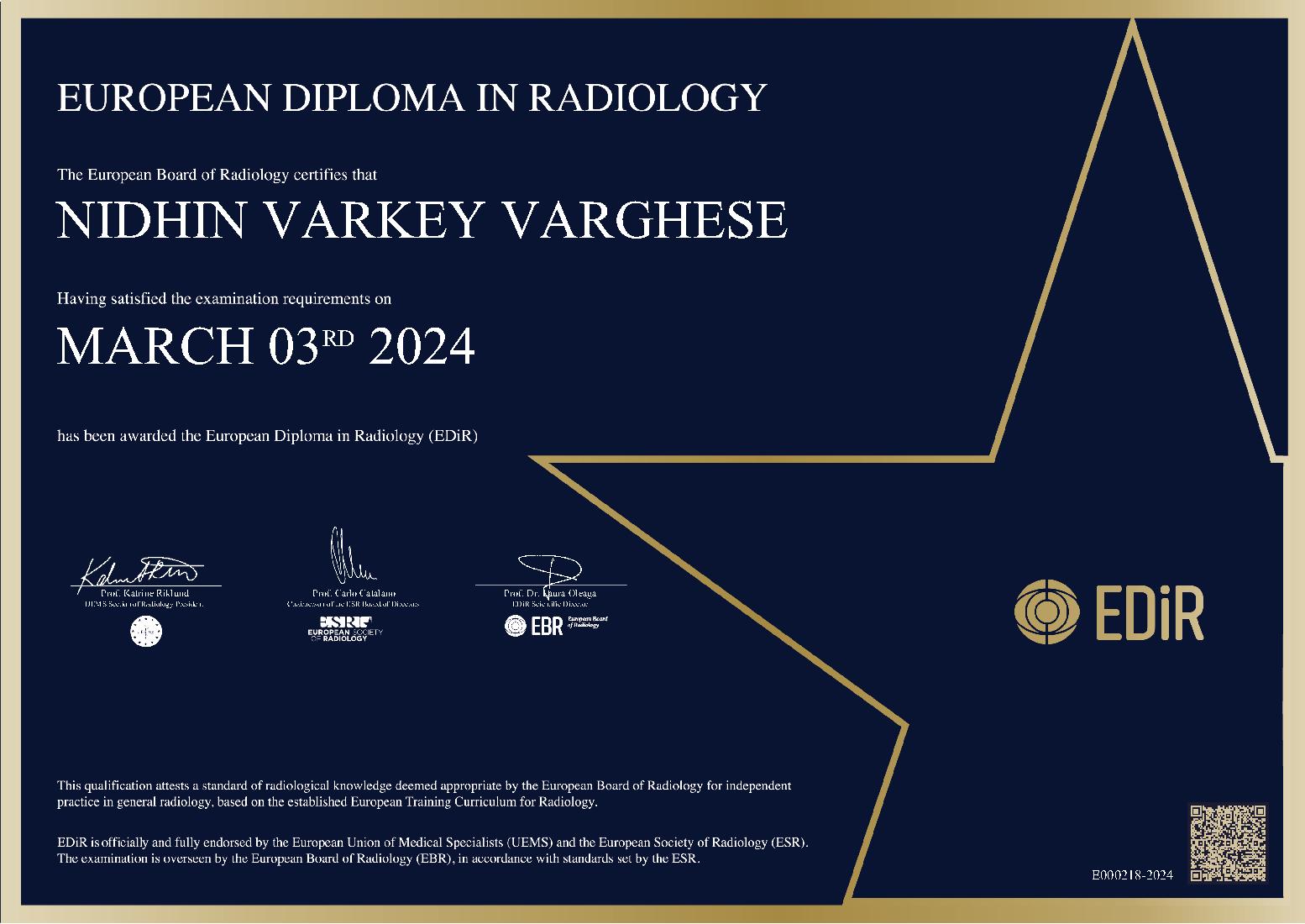 European Diploma in Radiology in India on March 3, 2024 - Nidhin Varkey Varghese