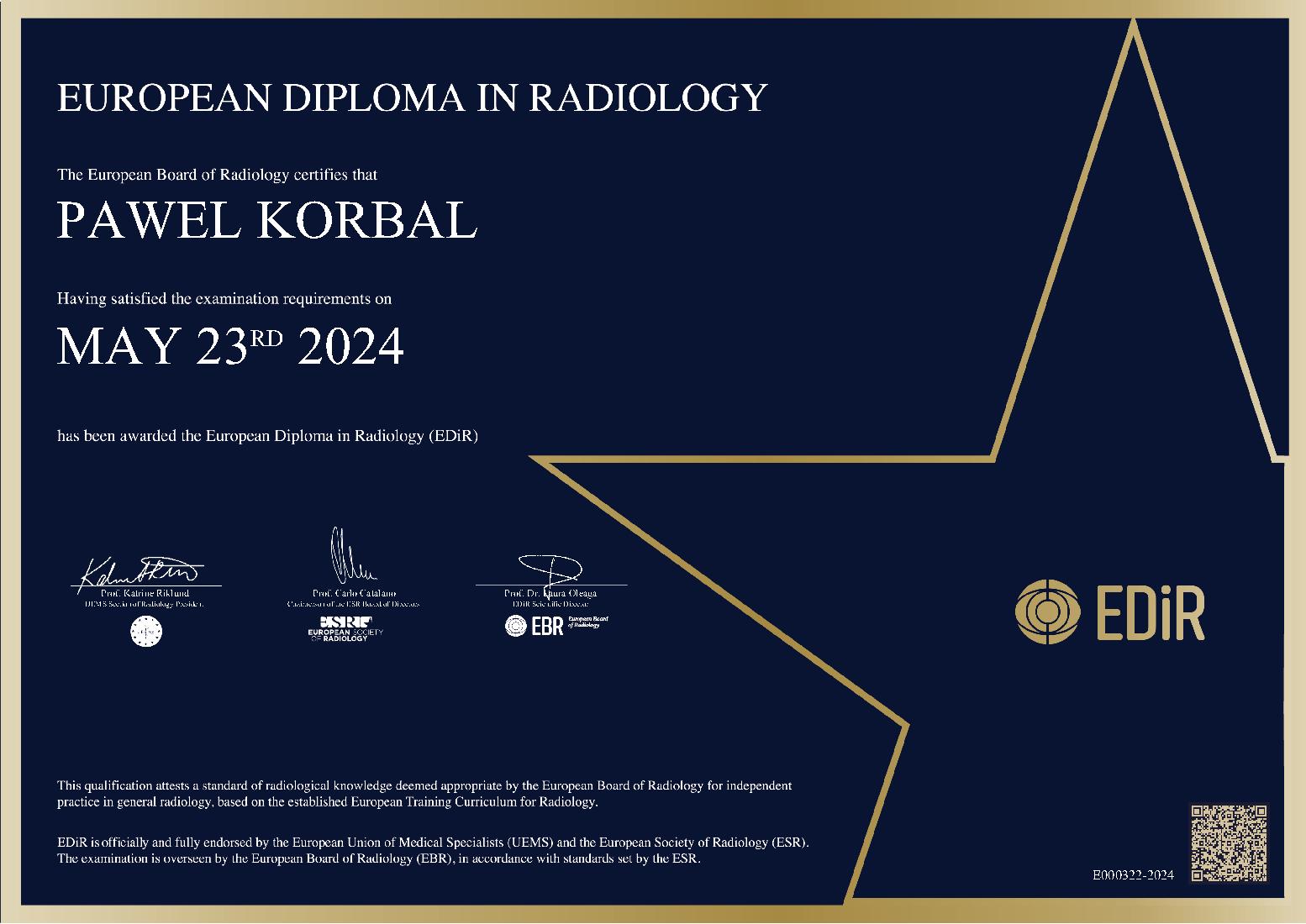 European Diploma in Radiology in Warsaw on May 23, 2024 - Pawel Korbal