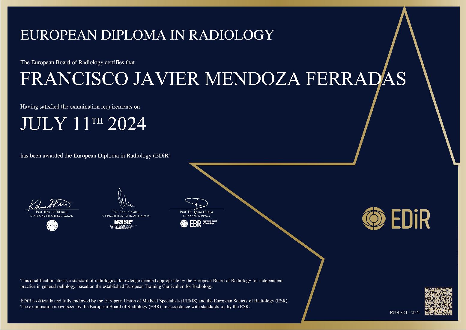 European Diploma in Radiology in Barcelona on July 11, 2024  - Francisco Javier Mendoza Ferradas