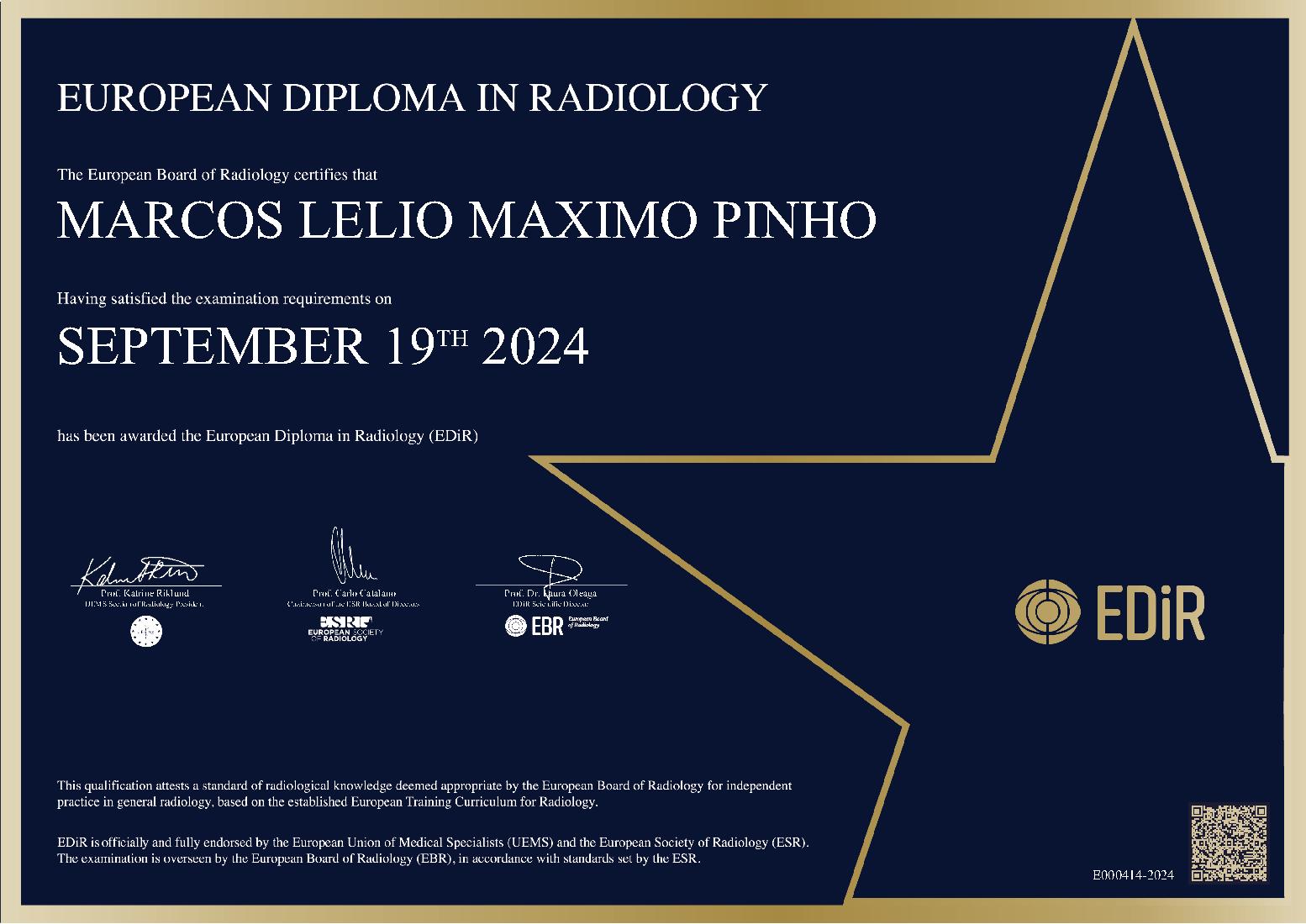 European Diploma in Radiology in Salvador de Bahia on September 19, 2024  - MARCOS LELIO MAXIMO PINHO