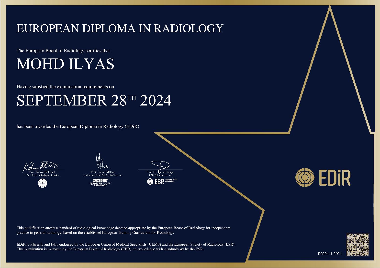 European Diploma in Radiology in Dubai on September 28, 2024  - MOHD ILYAS