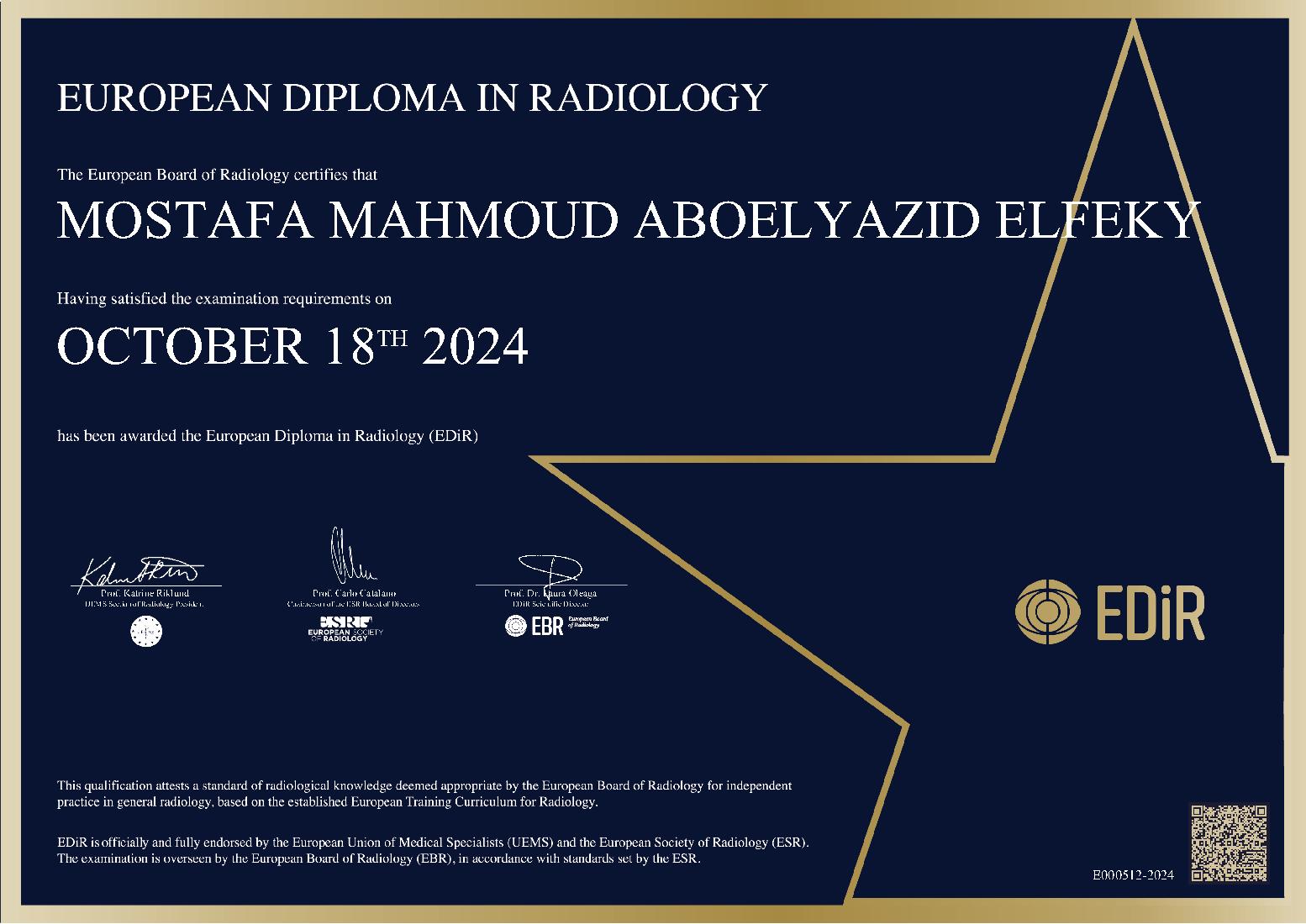 European Diploma in Radiology in Cairo on October 18, 2024  - MOSTAFA MAHMOUD ABOELYAZID ELFEKY