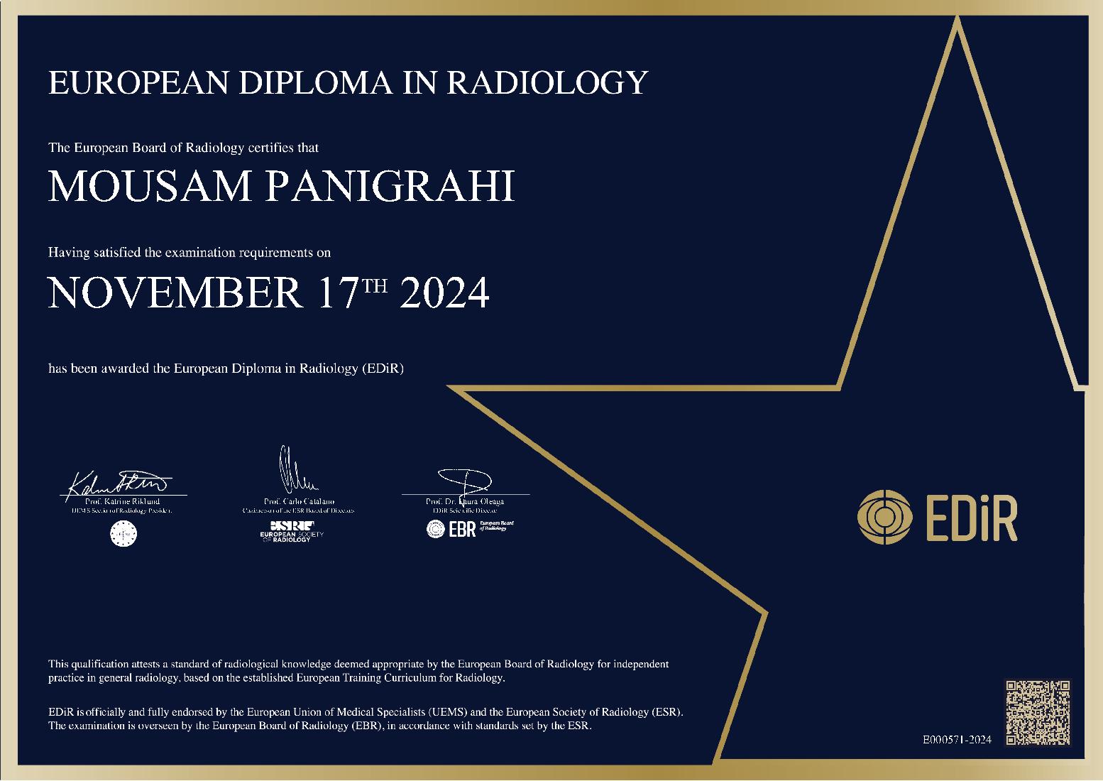 European Diploma in Radiology in New Delhi on November 17, 2024  - MOUSAM PANIGRAHI