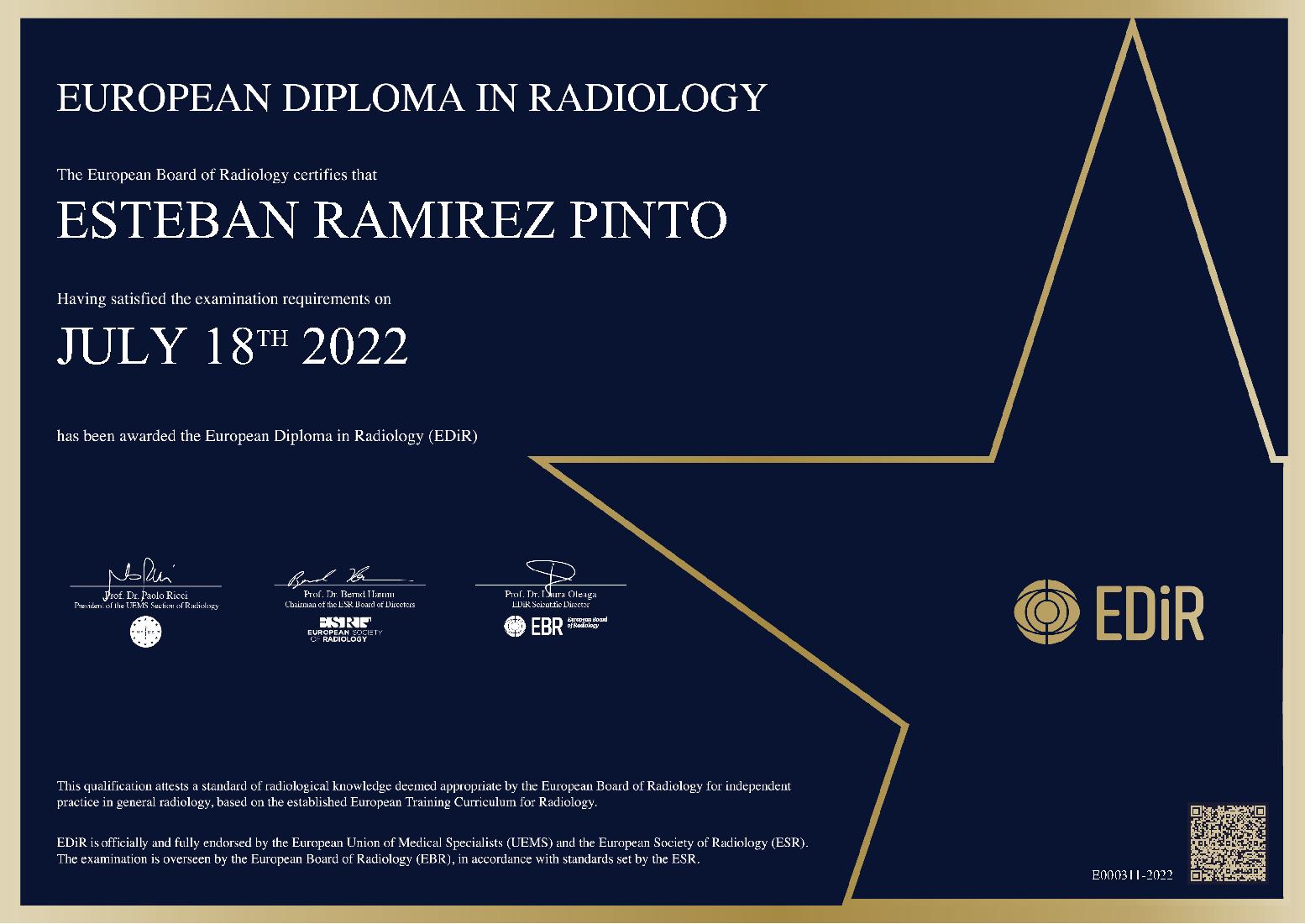 European Diploma in Radiology in Barcelona on July 18, 2022 - Esteban Ramirez Pinto