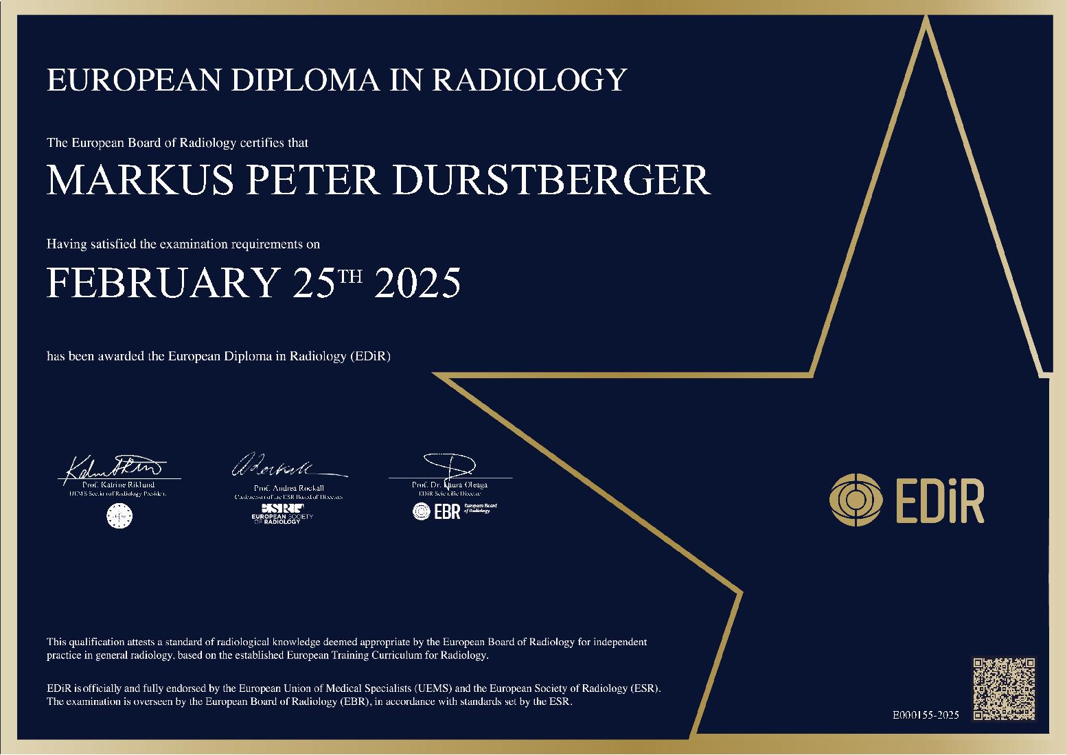 European Diploma in Radiology in Vienna on February 25, 2025 - MARKUS PETER DURSTBERGER