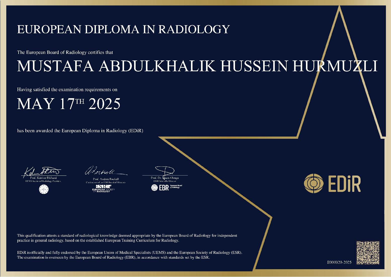 European Diploma in Radiology in Ankara on May 17, 2025 - MUSTAFA ABDULKHALIK HUSSEIN HURMUZLI