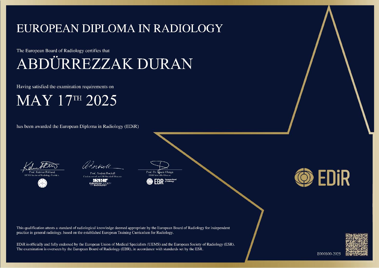 European Diploma in Radiology in Ankara on May 17, 2025 - ABDÜRREZZAK DURAN