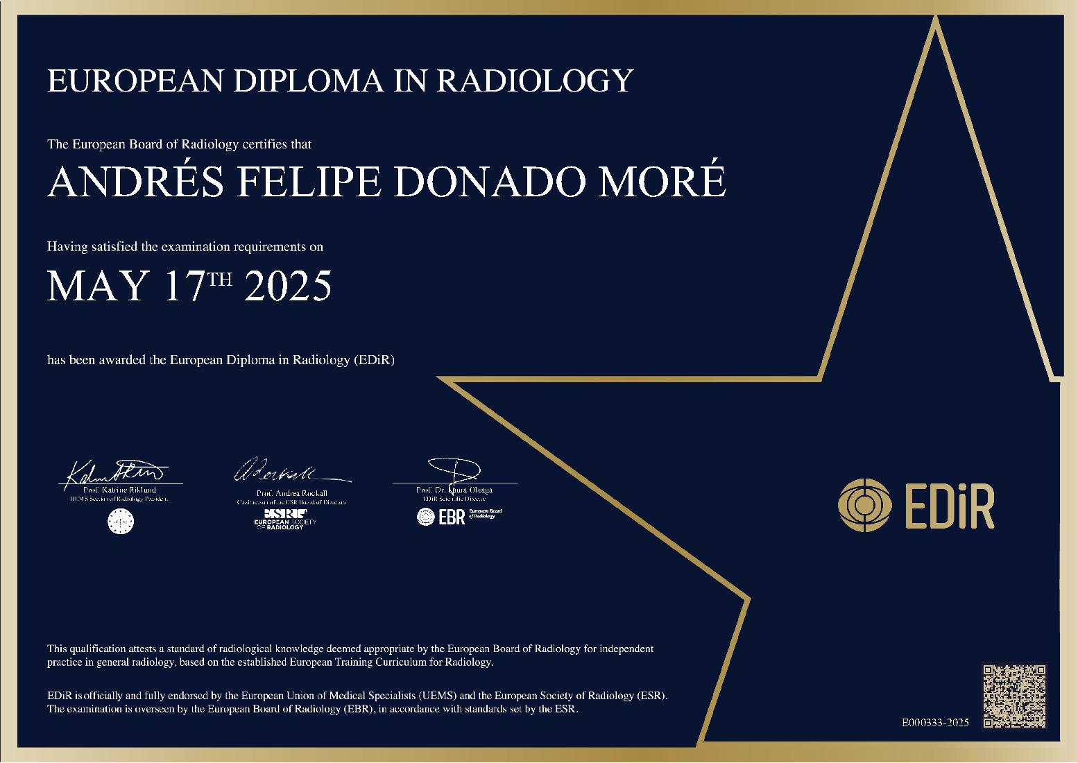 European Diploma in Radiology in Cartagena de Indias on May 17, 2025 - ANDRÉS FELIPE DONADO MORÉ