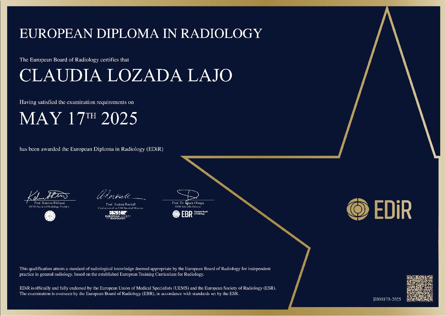 European Diploma in Radiology in Cartagena de Indias on May 17, 2025 - CLAUDIA LOZADA LAJO