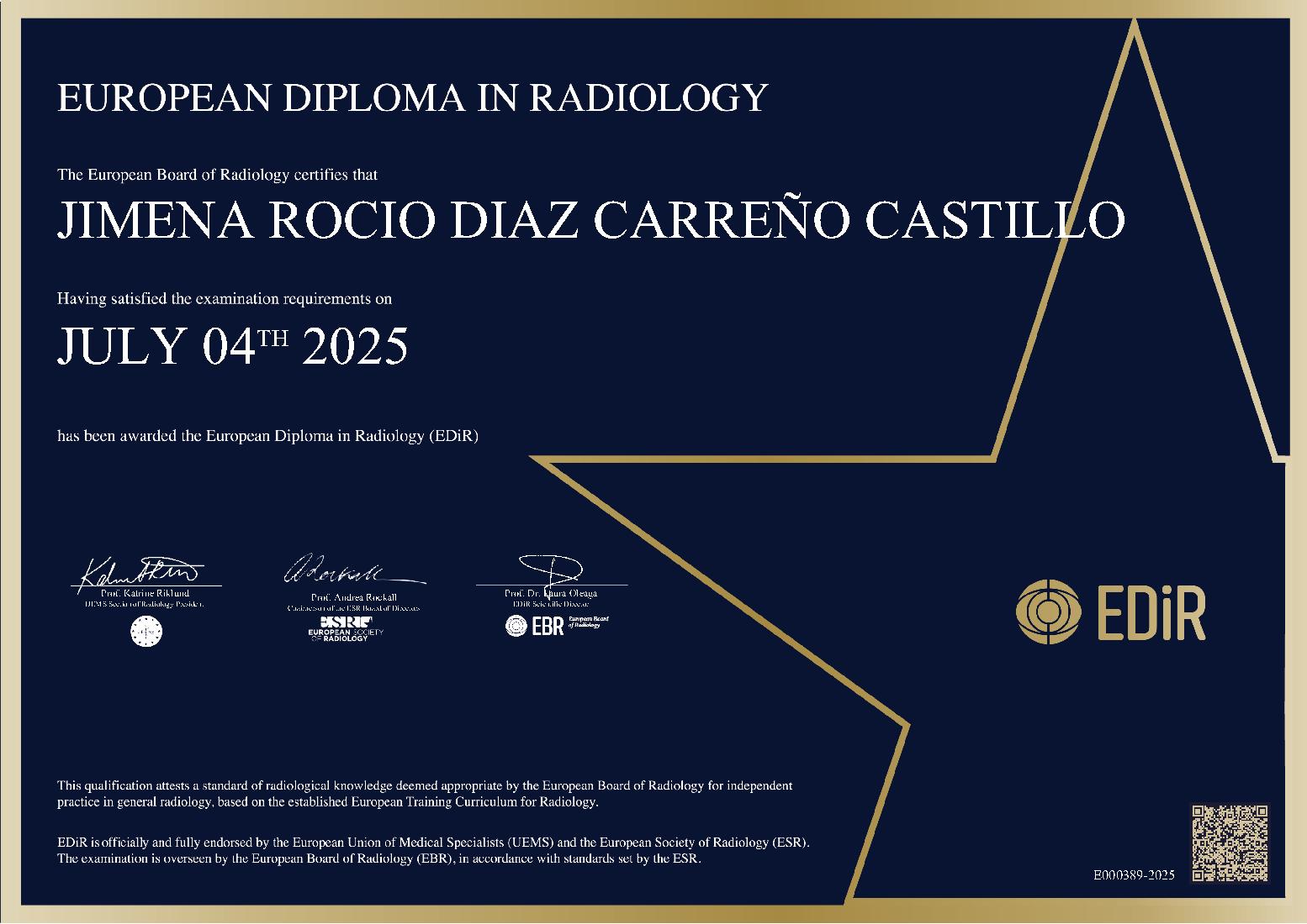 European Diploma in Radiology in Barcelona on July 4rth, 2025 - JIMENA ROCIO DIAZ CARREÑO CASTILLO
