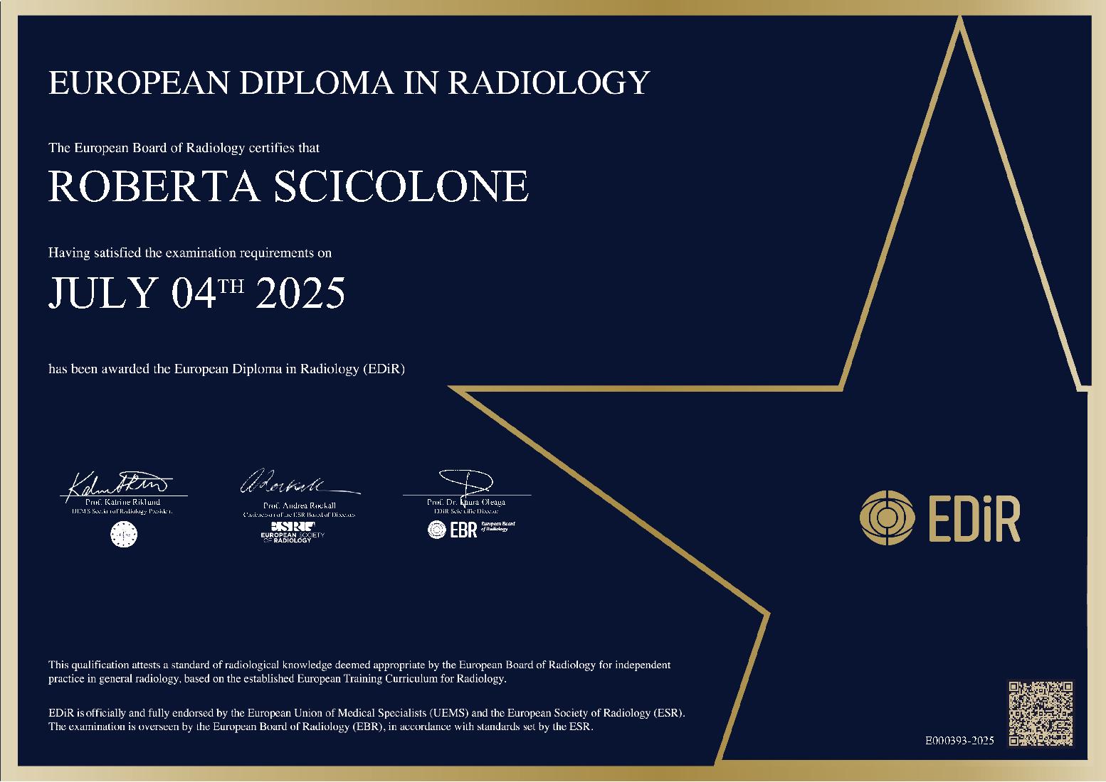 European Diploma in Radiology in Barcelona on July 4rth, 2025 - ROBERTA SCICOLONE