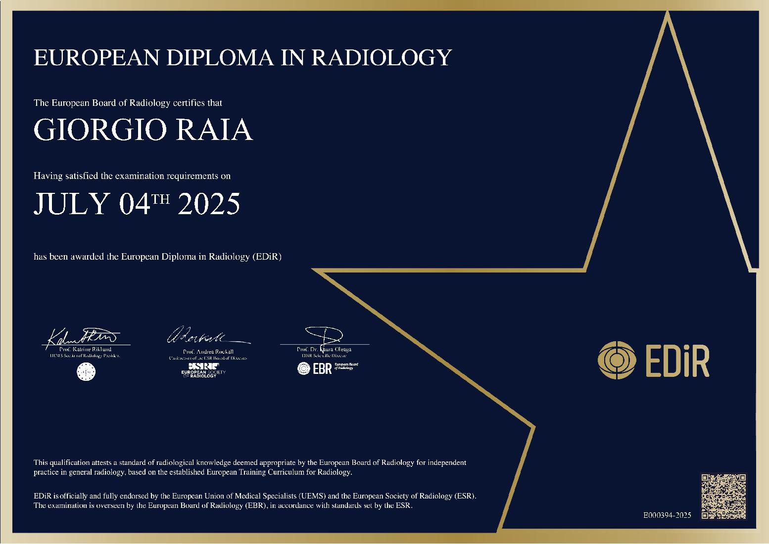 European Diploma in Radiology in Barcelona on July 4rth, 2025 - GIORGIO RAIA