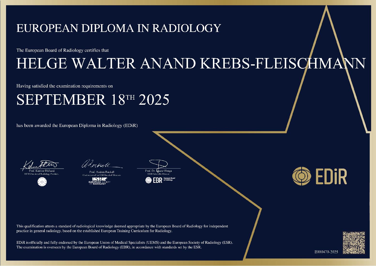 European Diploma in Radiology in Munich on September 18, 2025 - HELGE WALTER ANAND KREBS-FLEISCHMANN