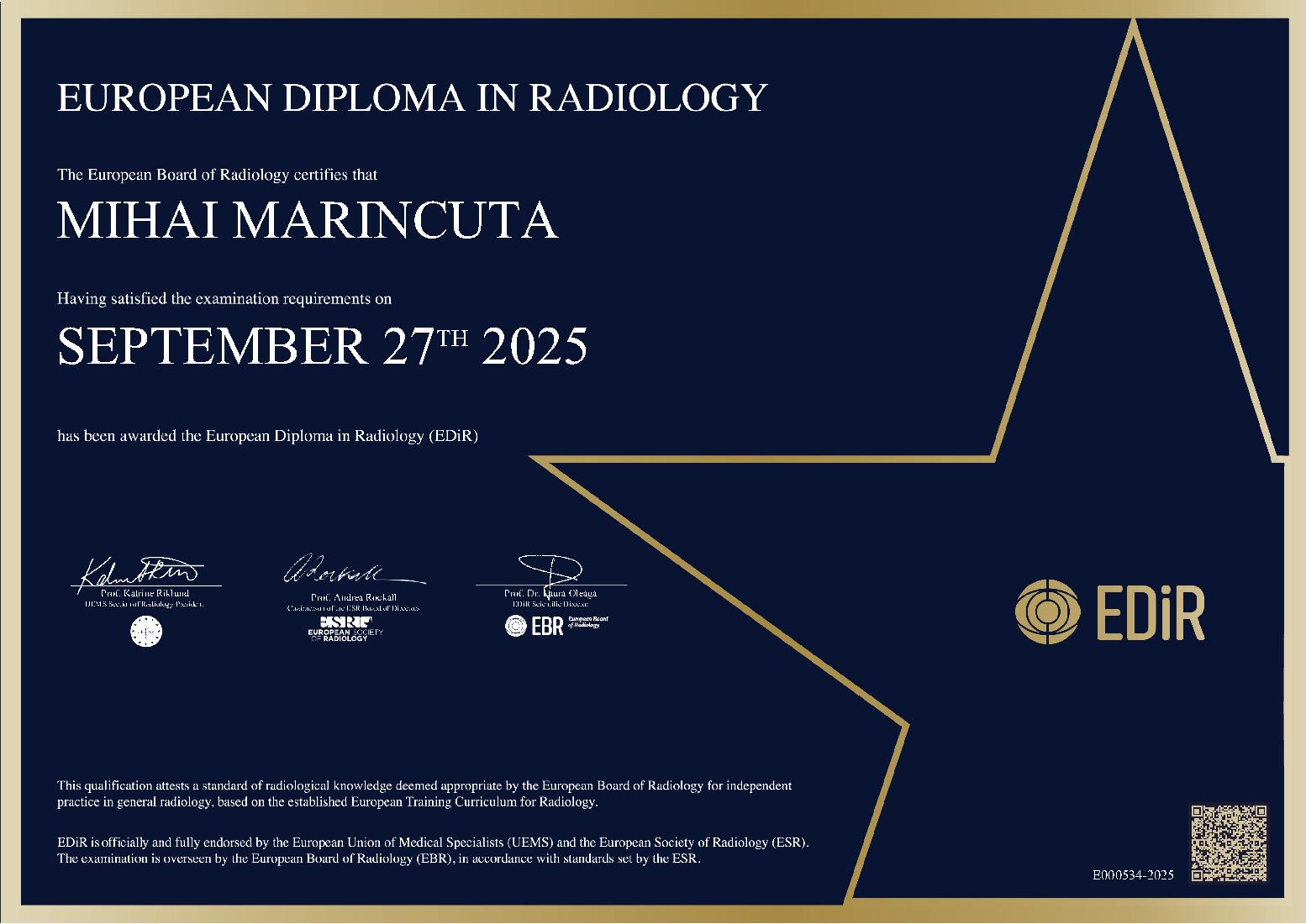 European Diploma in Radiology in Bucharest on September 27, 2025 - MIHAI MARINCUTA