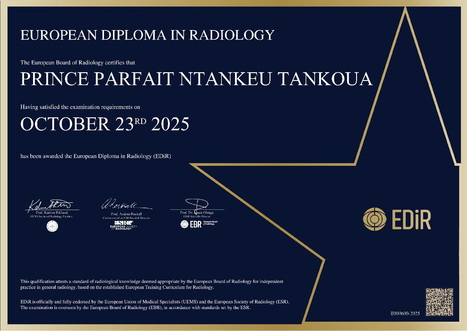 European Diploma in Radiology in Paris on October 23, 2025 - PRINCE PARFAIT NTANKEU TANKOUA