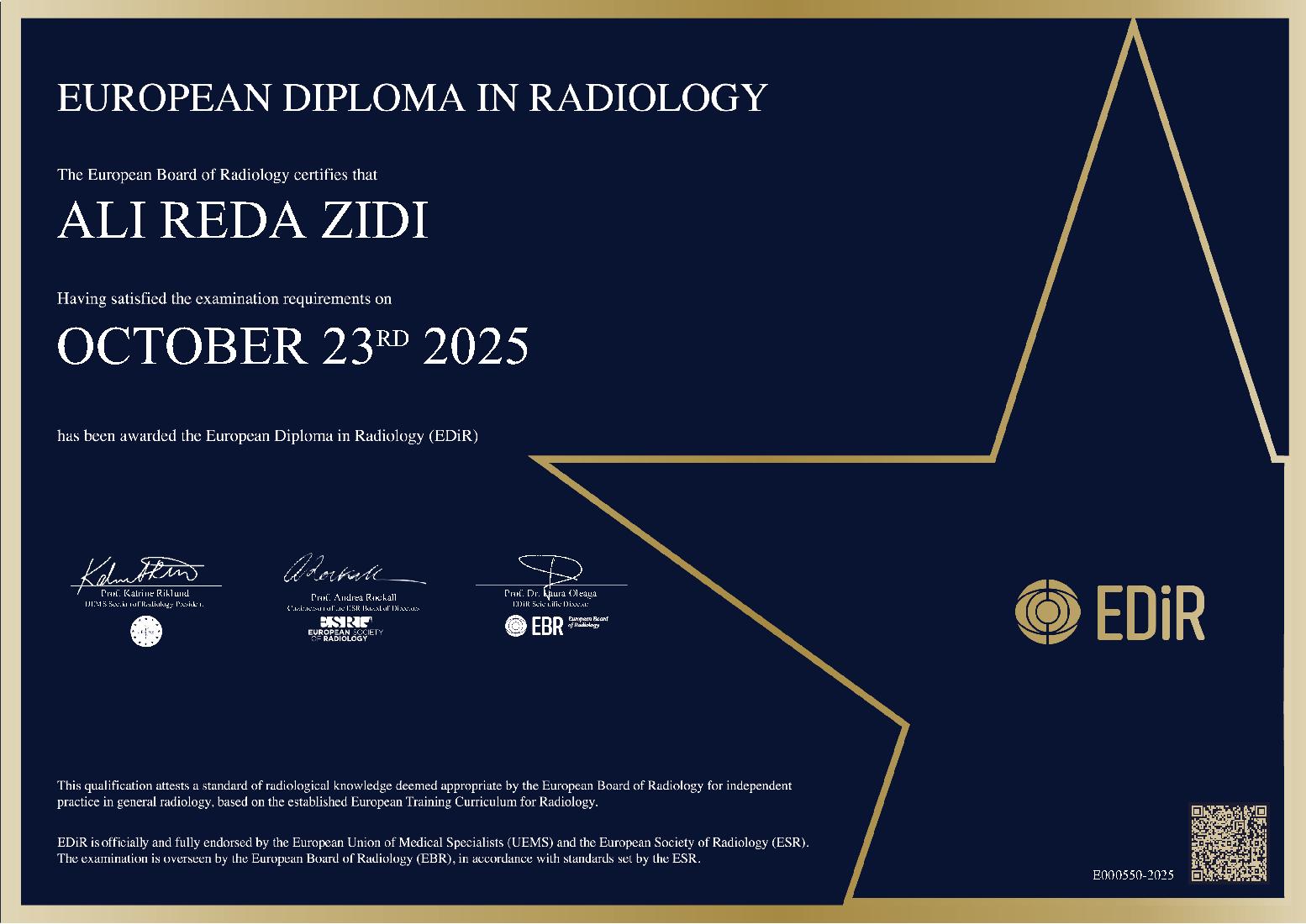 European Diploma in Radiology in Paris on October 23, 2025 - ALI REDA ZIDI