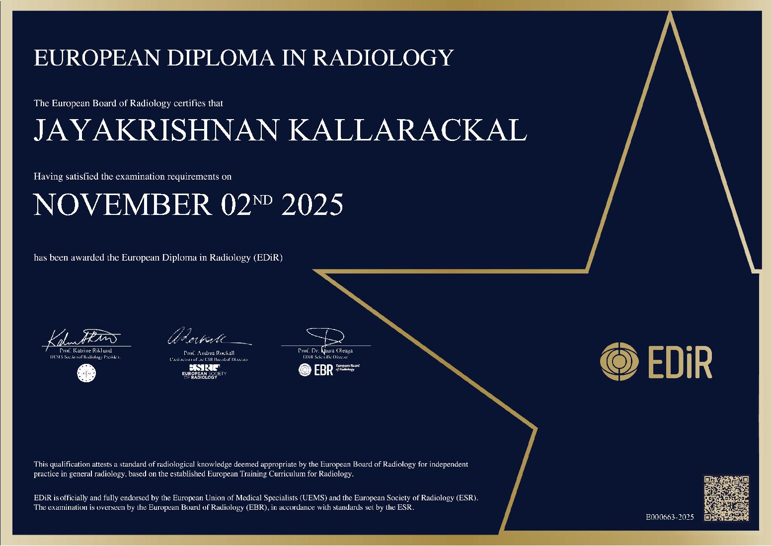 European Diploma in Radiology in Chennai on November 2, 2025 - JAYAKRISHNAN KALLARACKAL