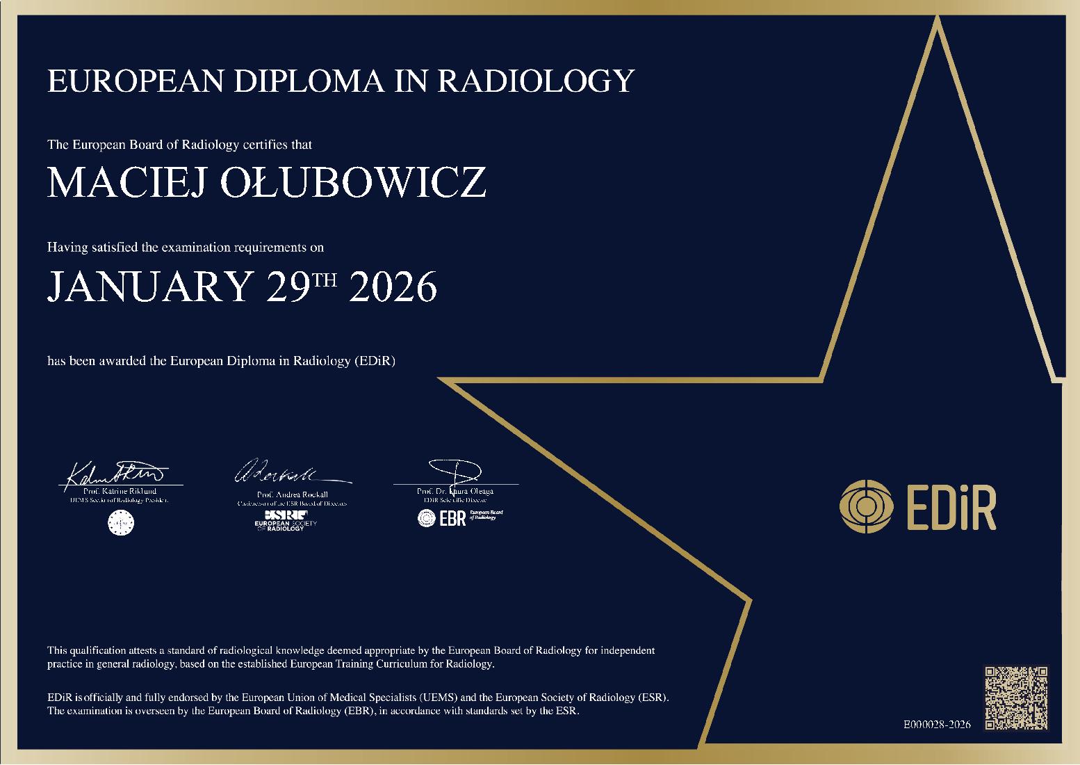 European Diploma in Radiology in Warsaw on January 29, 2026 - MACIEJ OŁUBOWICZ