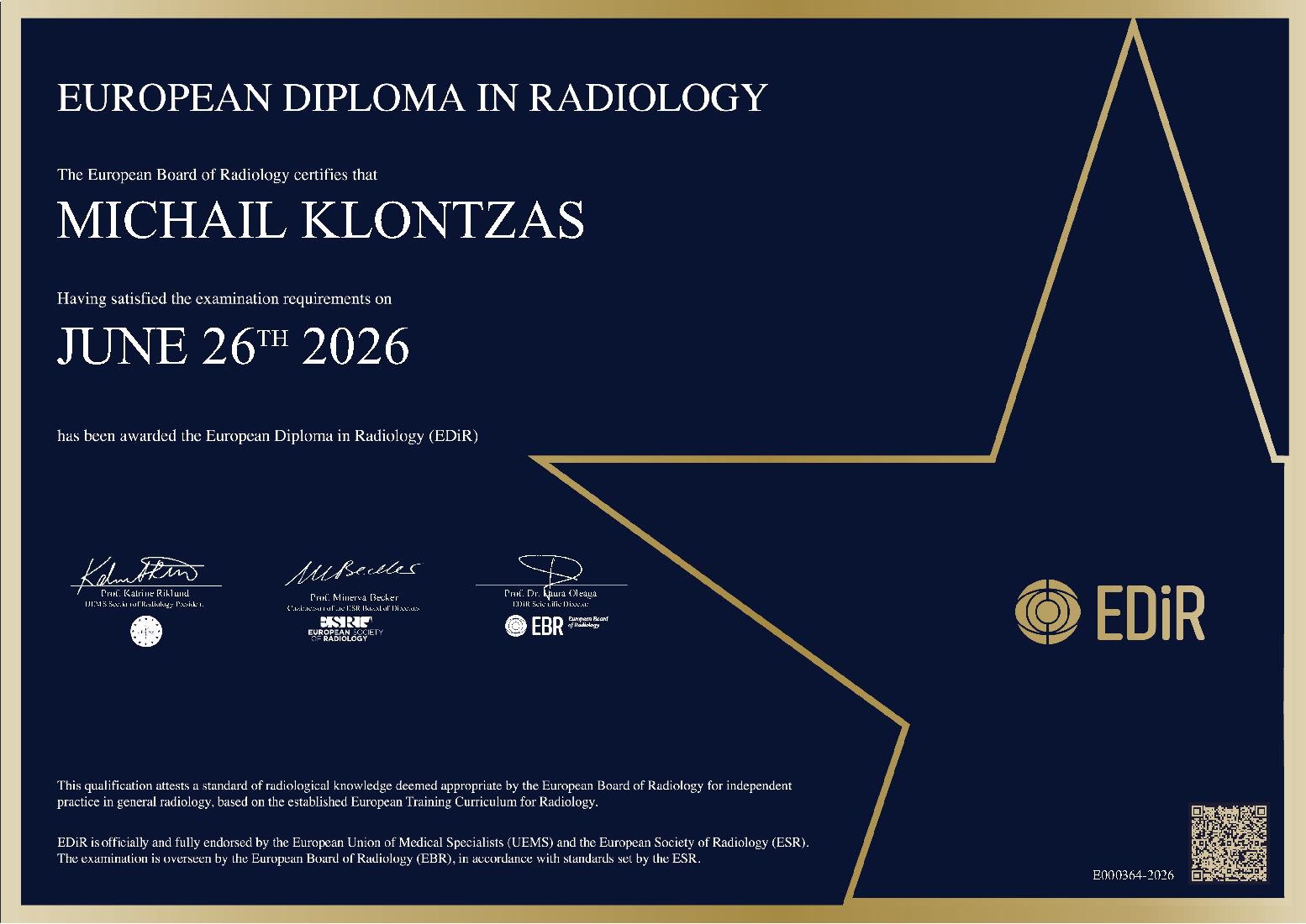 European Diploma in Radiology in Barcelona on June 26, 2026 - MICHAIL KLONTZAS