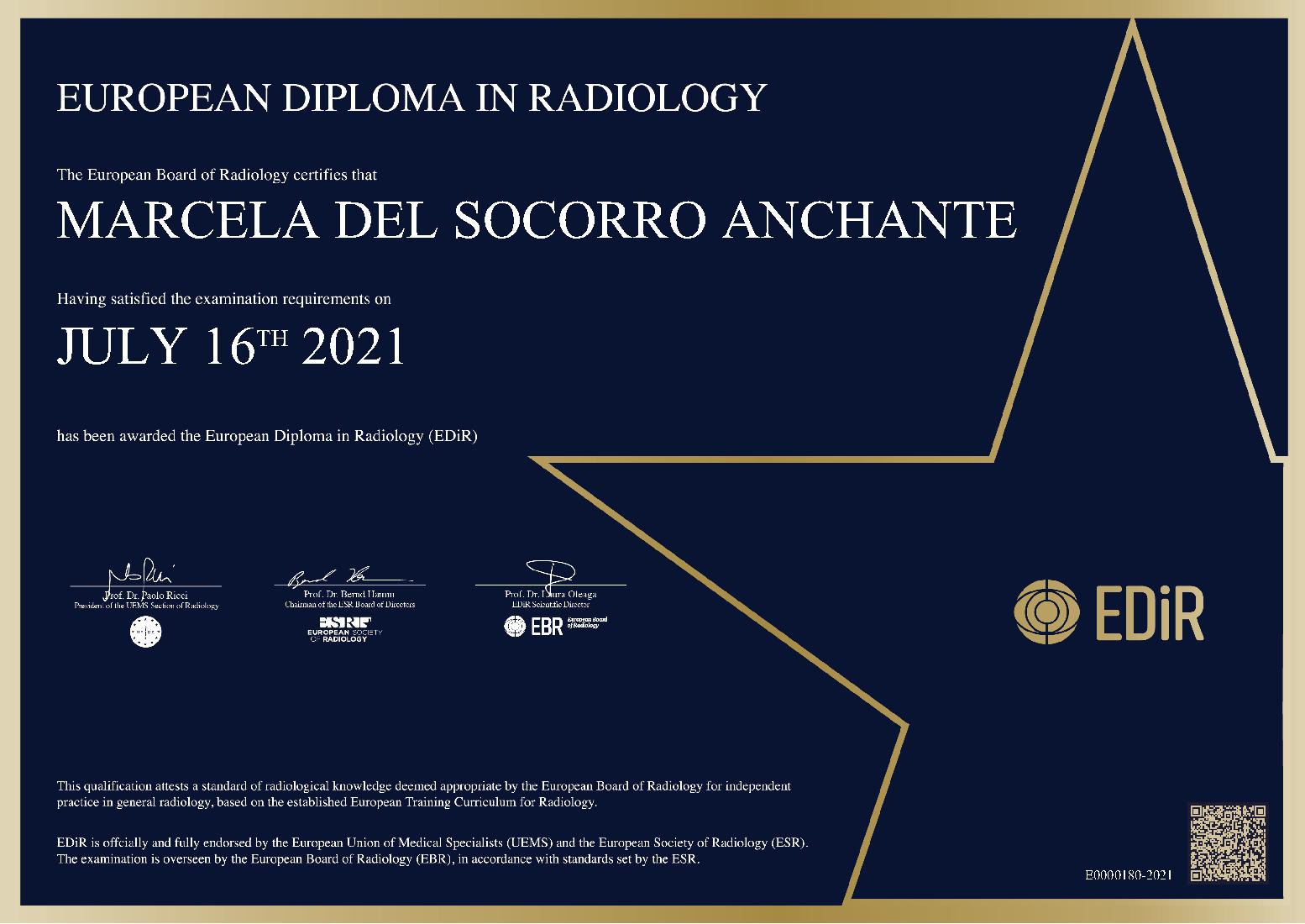 European Diploma in Radiology in Barcelona on July 16, 2021 - MARCELA DEL SOCORRO ANCHANTE