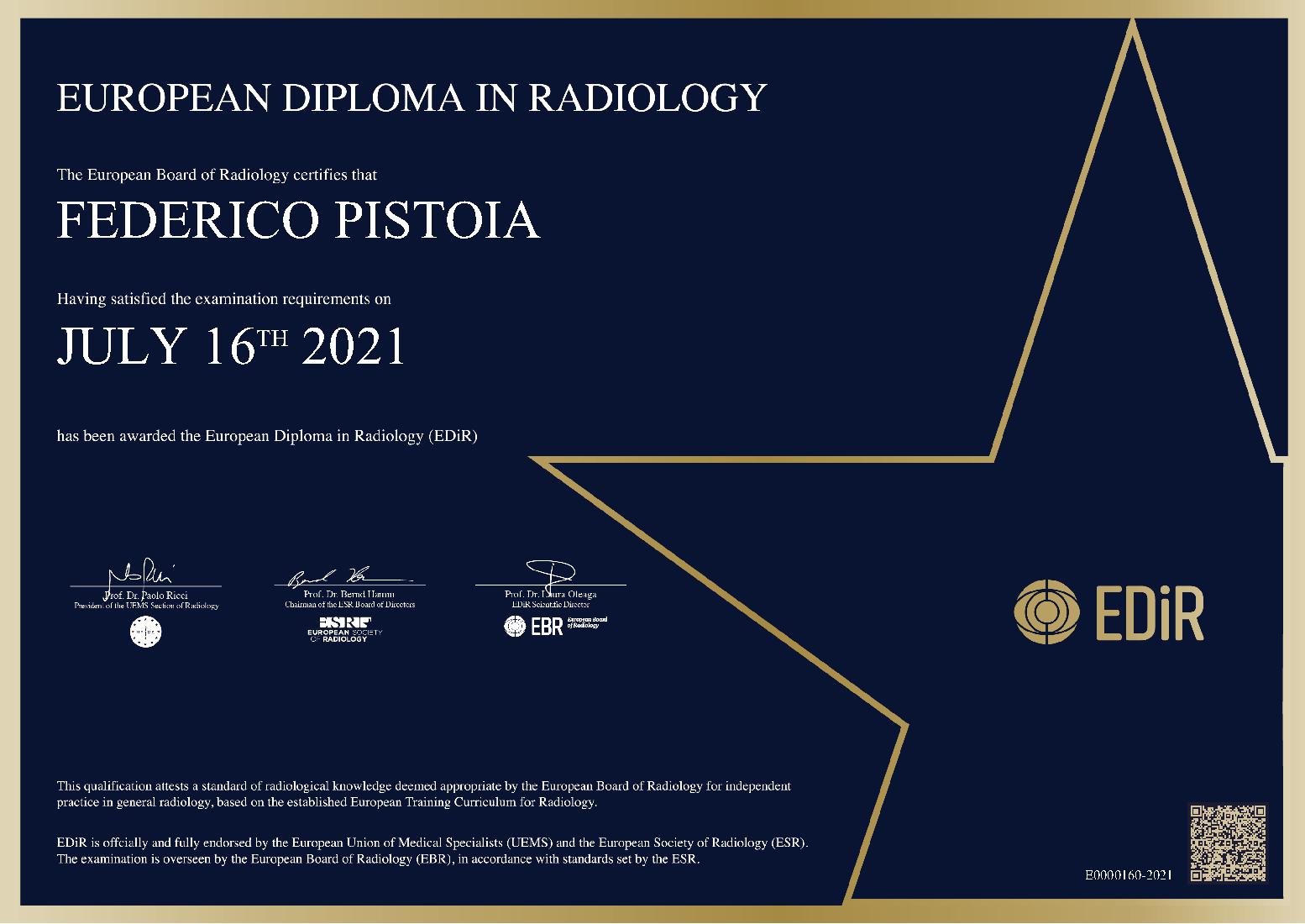 European Diploma in Radiology in Florence on July 16, 2021 - Federico Pistoia