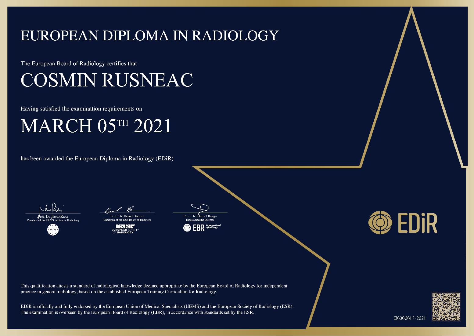 European Diploma in Radiology in Barcelona on March 5, 2021 - Cosmin Rusneac