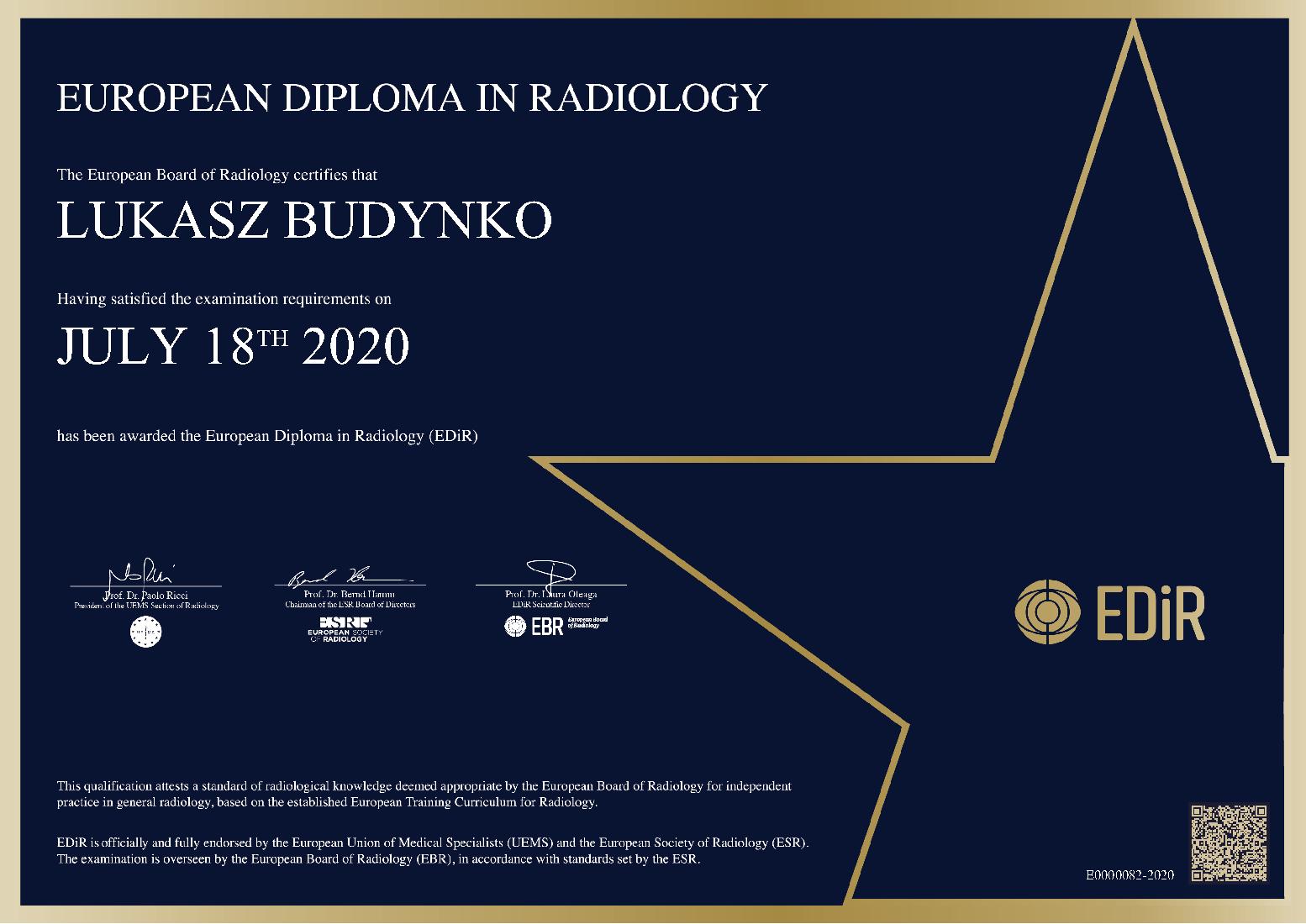 European Diploma in Radiology in Poland on July 18, 2020 - Lukasz Budynko